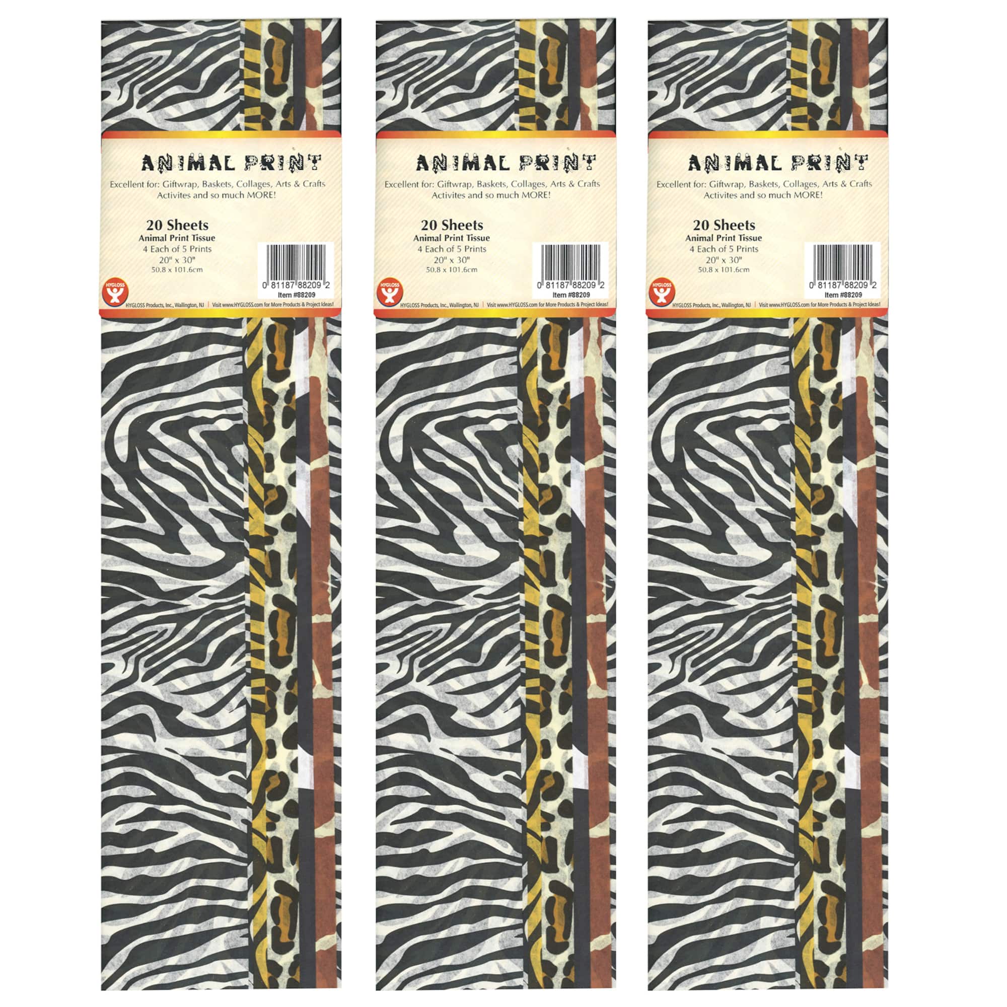 Hygloss Animal Skins Designs Tissue Paper, 3 Packs of 20